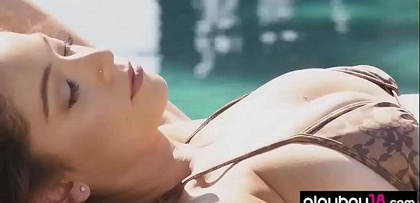  Hot bikini babe oiling her big boobs and perfect body